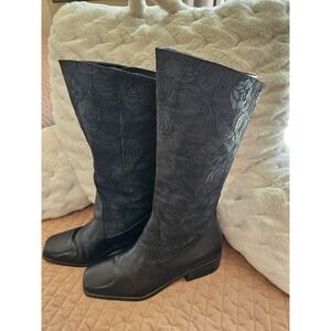 Markon Suela Black Floral Rose Embossed Suede Leather Boots Goth Steampunk 10M